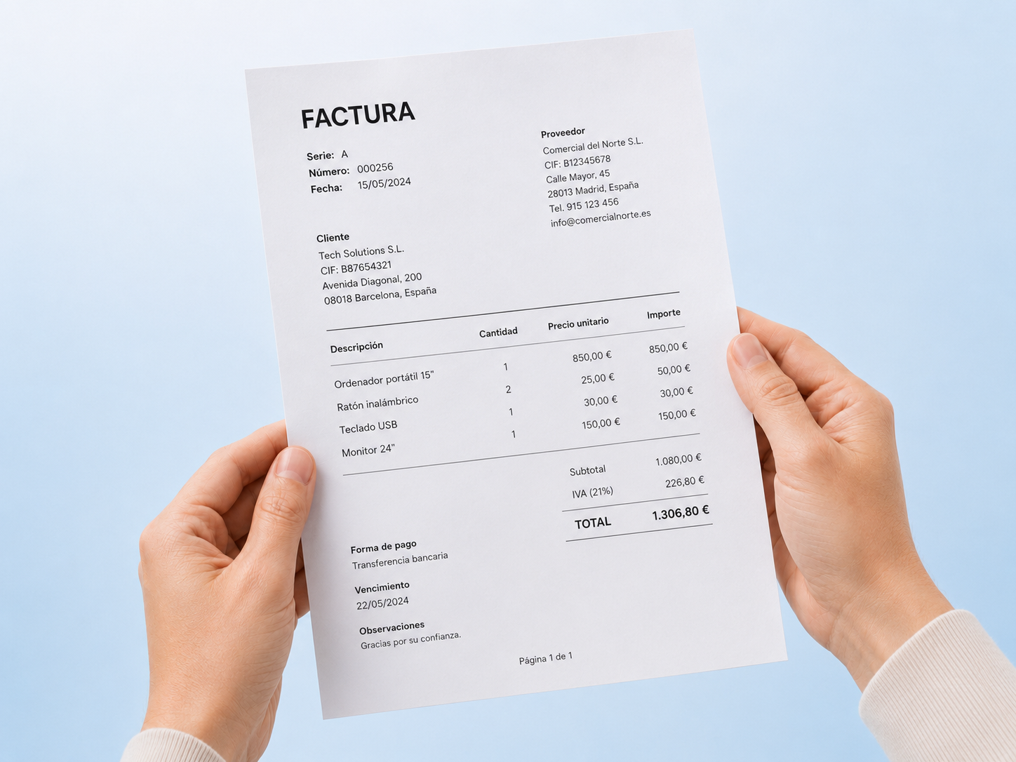 Factura preparada para la extracción automática de datos mediante OCR